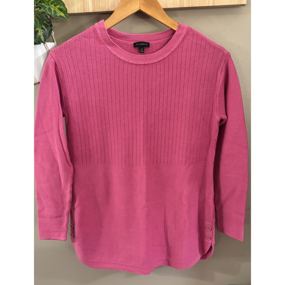 Talbots Womens XS Pink Ribbed Mixed Knit Long Sleeve Side Button Sweater KH5355